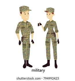 Isolated soldiers couple in military uniform on white.