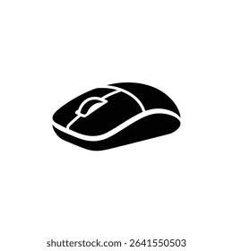 An isolated, solid black computer mouse with visible left and right buttons, the scroll wheel, and a wireless receiver shape is presented on white backdrop.