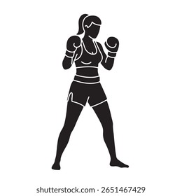Silhueta sólida isolada mostra uma determinada boxeadora feminina em uma postura de luta, usando luvas de boxe e equipamento atlético; demonstra foco, força e experiência de treinamento em fundo transparente.