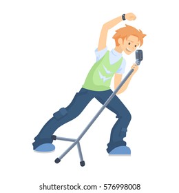 Isolated song leader on white background. Cool singer and musician. Boy with mic.