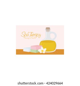 Isolated spa business card with a flask of lotion, text, a flower and soaps