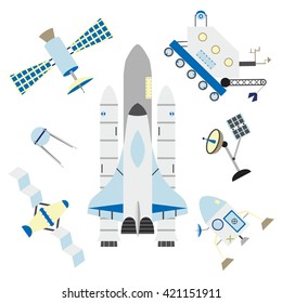 Isolated space elements. Shuttle, rocket, satellites, antenna and moonwalker. Made in flat style. Great for design about space, journals t-shirts, magazines.