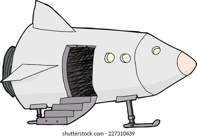 Isolated space ship with stairs in open door