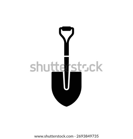 An isolated spade icon, flat design, for digging on transparent background. Features a black handle and scoop, presented as a simple and modern vector illustration.