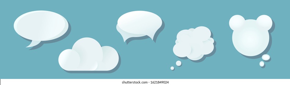 Isolated Speech Bubbles On Blue Background In 3D Style. White Cartoon Paper Thought Clouds Or Text Message Set. Vector EPS10