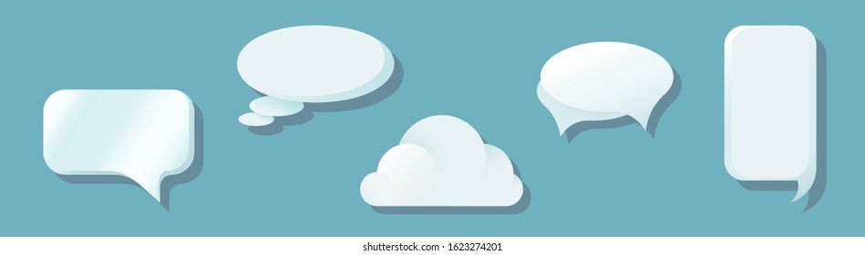 Isolated Speech Bubbles Set On Blue Background In 3D Style. White Cartoon Paper Thought Clouds Or Text Message Set. Vector EPS10