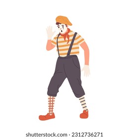 Isolated speechless mime actor cartoon male character showing shocked or surprised emotion