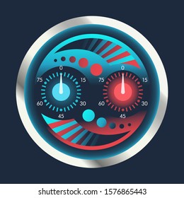 Isolated speedometers for dashboard. Device for measuring speed and futuristic speedometer, technology gauge with arrow or pointer for vehicle panel, web download speed sign