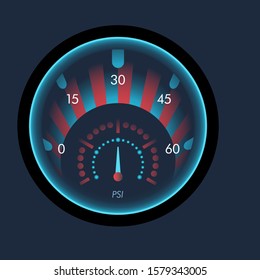 Isolated speedometers for dashboard. Device for measuring speed and futuristic speedometer, technology gauge with arrow or pointer for vehicle panel, web download speed sign