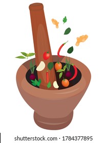 isolated spices and mortar on white background vector design