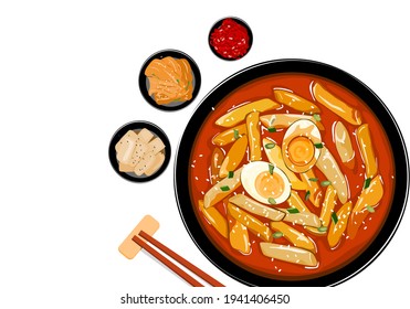 Isolated spicy Korean rice cakes, Tteokbokki with boiled eggs in a black bowl on white background. Close up top view Asian food vector illustration.