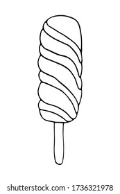 Isolated spiral ice cream with stick in oval elongated shape. Vector hand drawn illustration in doodle style. Black and white. Can use for menu, greeting card, websites, product design.
