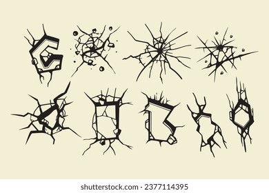  Isolated split and damage fracture illustration set. Hand drawn cracked glass,wall,egg,ground in cartoon doodle style vector illustration. Handdrawn Vector illustration