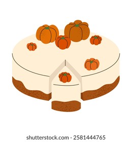 Isolated sponge cake with delicate souffle decorated with small sweet pumpkins in flat style on white backdrop. Colorful template for decoration. Vector illustration