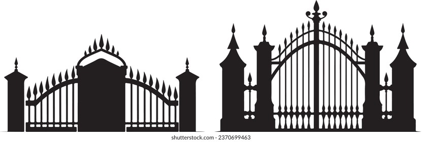 Isolated Spooky Silhouettes of Cemetery Gates: A Halloween Collection. Haunted and Scary Fence Elements that are Creepy. Iron Gates, Metal Fences