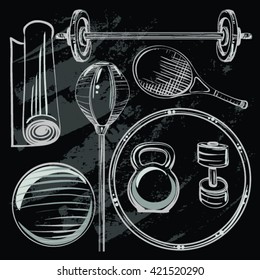 Isolated sport and active icons set .Tennis, Dumbbell ,Yoga mat, Punching bag, Barbell. Hand drawn interior poster. Best typography postcard. Vector design illustration.Icons for web and mobile. 