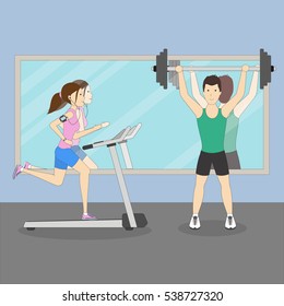 Isolated sport couple in gym. Man with heavy weights and woman running on the treadmill.