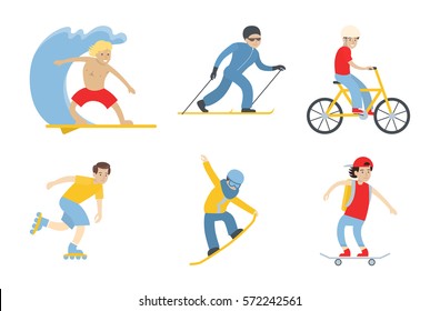 Isolated sport set on white background. People do sport as surfing, skiing, snowboarding and more.