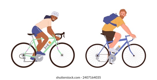 Isolated of sportswoman athlete and man traveler character riding bicycle enjoying weekend activity