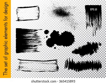 Isolated spots, splashes, blots of black ink and ink on a transparent background. Collection, set of vector banners.  Set of design elements drawn ink paint, hand drawing. Dirty spots. 