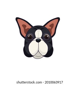 Isolated spotted French Bulldog in Cartoon design style, Outlined head of French Bulldog on white isolated background for prints, patterns, stickers, posters, icons for social media.