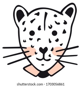 An isolated spotted leopard portrait with pink cheeks and a shirt collar. Childish funny hand drawing in Scandinavian style for children's products, sticker, etc. Vector.