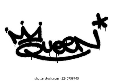 Isolated spray graffiti tag quote QUEEN, crown and star symbols over white. 