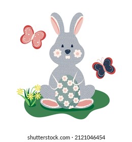 Isolated spring  vector illustration. Rabbit, egg, butterflys, spring flowers. Decorating spring elements for Easter and spring greeting cards.