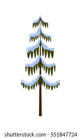 Isolated spruce on white. Illustration of Christmas tree. Evergreen tree covered with snow in cartoon style. Winter 2017 flat design Merry Christmas icon of tall wood with arbor branch vector