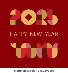  Isolated square Abstract Geometric Text Design Happy Chinese New Year 2025. Bauhaus numerals made of shapes in red and gold. Notebook cover, brochure design template, postcard, banner. vector EPS