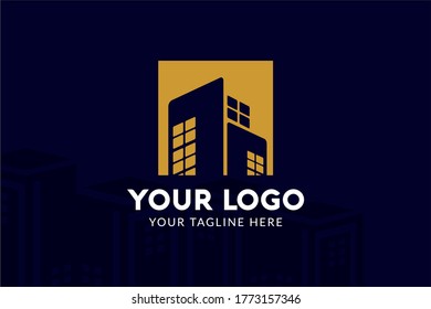 Isolated Square Construction Logo Template in dark blue and gold color for your company, real estate, building company, construction working, and many more
