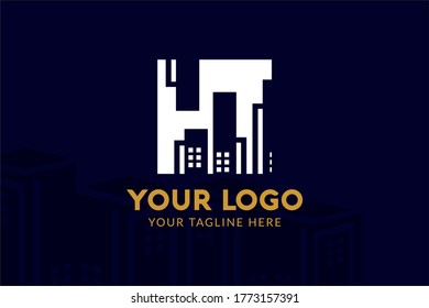 Isolated Square Construction Logo Template in dark blue and gold color for your company, real estate, building company, construction working, and many more