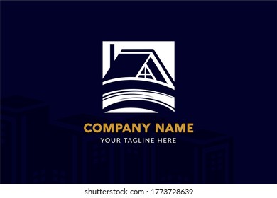 Isolated Square Construction Logo Template in dark blue and gold color for your company, real estate, building company, construction working, and many more