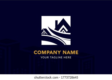 Isolated Square Construction Logo Template in dark blue and gold color for your company, real estate, building company, construction working, and many more