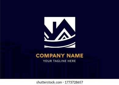 Isolated Square Construction Logo Template in dark blue and gold color for your company, real estate, building company, construction working, and many more