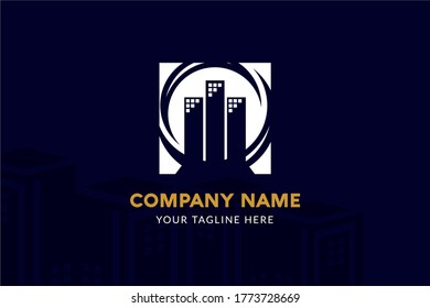 Isolated Square Construction Logo Template in dark blue and gold color for your company, real estate, building company, construction working, and many more