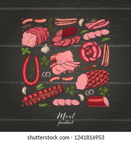 Isolated square with different color meat products in sketch style. Vector illustration for your design