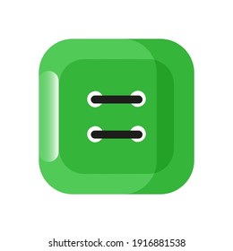 Isolated square green clothing button. Parallel horizontal stitches. White background. Flat style illustration.