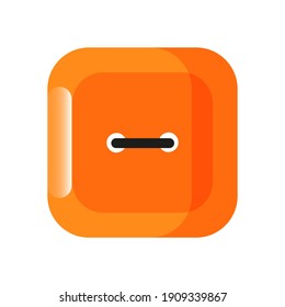 Botón aislado de prendas de vestir cuadradas de color naranja. Un punto horizontal. Fondo blanco. Ilustración de estilo plano.