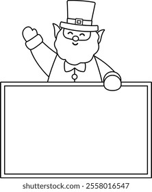 Isolated st patrick day leprechaun holding blank sign outline.
Saint Patrick's Day coloring drawing.
Good for greeting card,poster, banner, leaflet .
Transparent background.