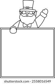 Isolated st patrick day leprechaun holding blank sign outline.
Saint Patrick's Day coloring drawing.
Good for greeting card,poster, banner, leaflet .
Transparent background.