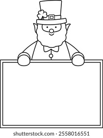 Isolated st patrick day leprechaun holding blank sign outline.
Saint Patrick's Day coloring drawing.
Good for greeting card,poster, banner, leaflet .
Transparent background.