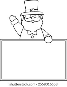 Isolated st patrick day leprechaun holding blank sign outline.
Saint Patrick's Day coloring drawing.
Good for greeting card,poster, banner, leaflet .
Transparent background.