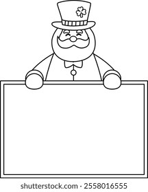 Isolated st patrick day leprechaun holding blank sign outline.
Saint Patrick's Day coloring drawing.
Good for greeting card,poster, banner, leaflet .
Transparent background.