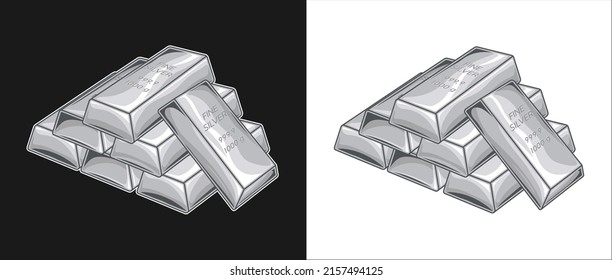 Isolated stack of bars of fine silver, 1000 g. Vintage vector illustration.