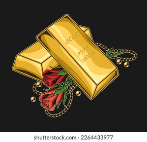 Isolated stack of bars of gold, roses, gold chains. beads. Treasures, luxury, rich concept. Vintage vector illustration.