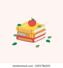 isolated stack of books with apple on top and leaves, vector illustration