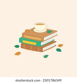 isolated stack of books with a cup of coffee on top and leaves, vector illustration