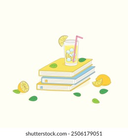 isolated stack of books with a glass of lemonade on top and leaves, vector illustration