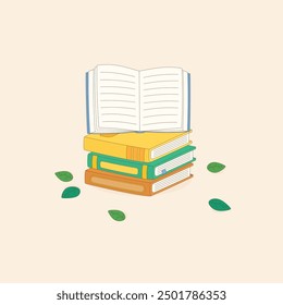 isolated stack of books with green leaves, vector illustration